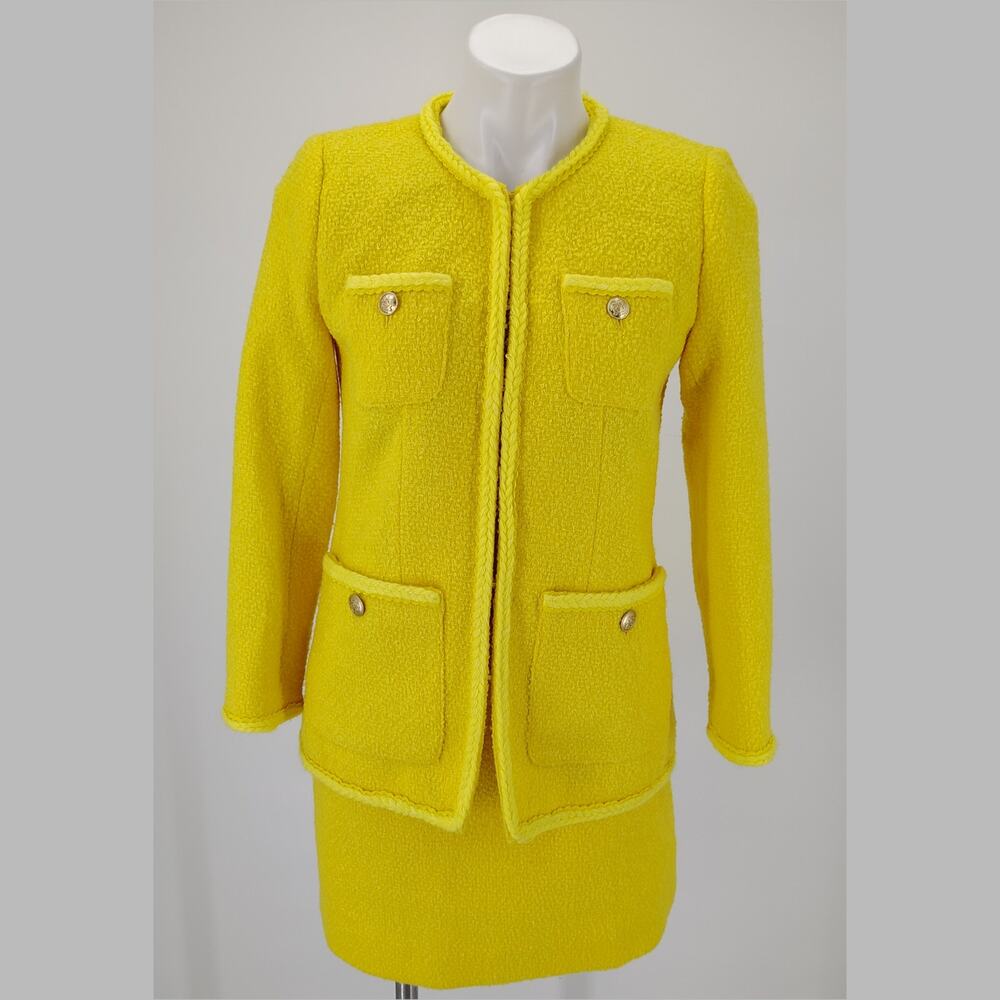 J.Crew Yellow Bouclé Long Lady Jacket & Mini Skirt Wool Blend Suit Set Size 4 - Picture 2 of 16